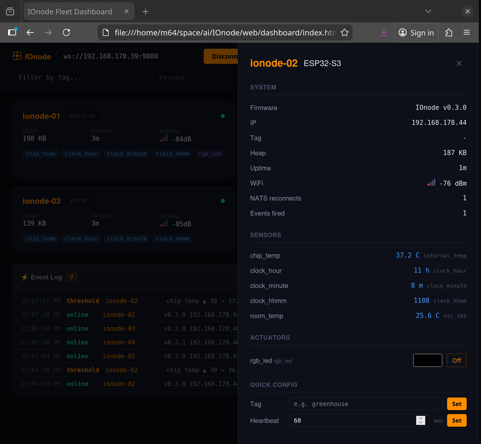 IOnode Fleet Dashboard detail panel showing system info, sensors, RGB LED color picker, and quick config